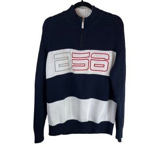 Burberry London B56 Cotton 1/4 Zip Striped Pullover Sweater Navy White Size L